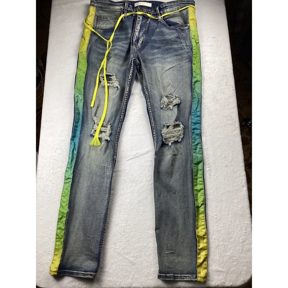 KDNK Distressed Jeans Men 36 Blue Ombre Side Stripe Slim Fit Streetwear 1141411